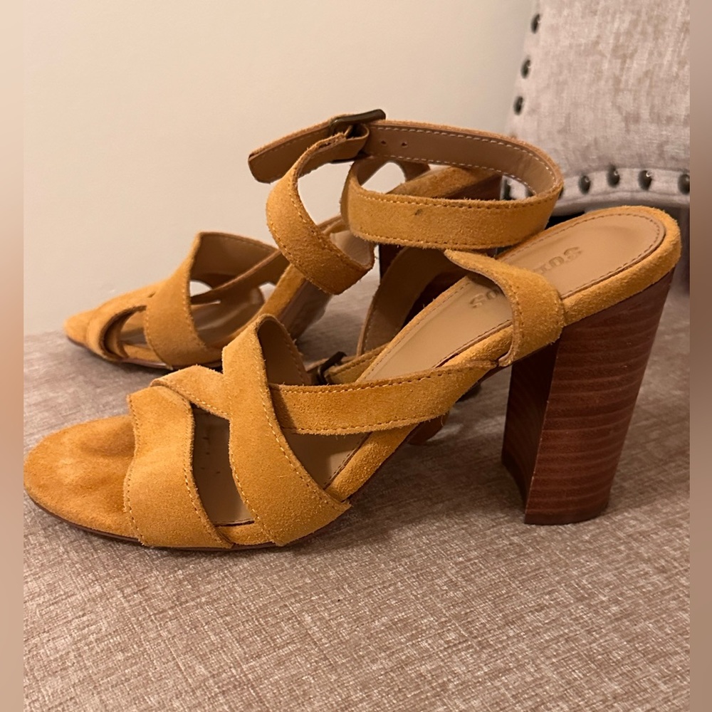 Soludos mustard yellow Anthropologie suede sandal heels